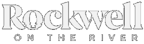 White "Rockwell on the River" logo with stylized text on a black background. The "o" in "Rockwell" contains a mirrored graphic element.