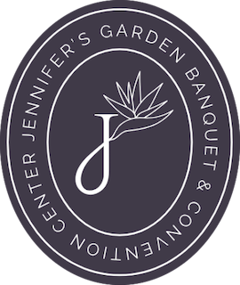 Logo for Jennifer’s Garden Banquet & Convention Center featuring a stylized letter "J" with a leaf design inside a circular border with the venue name.