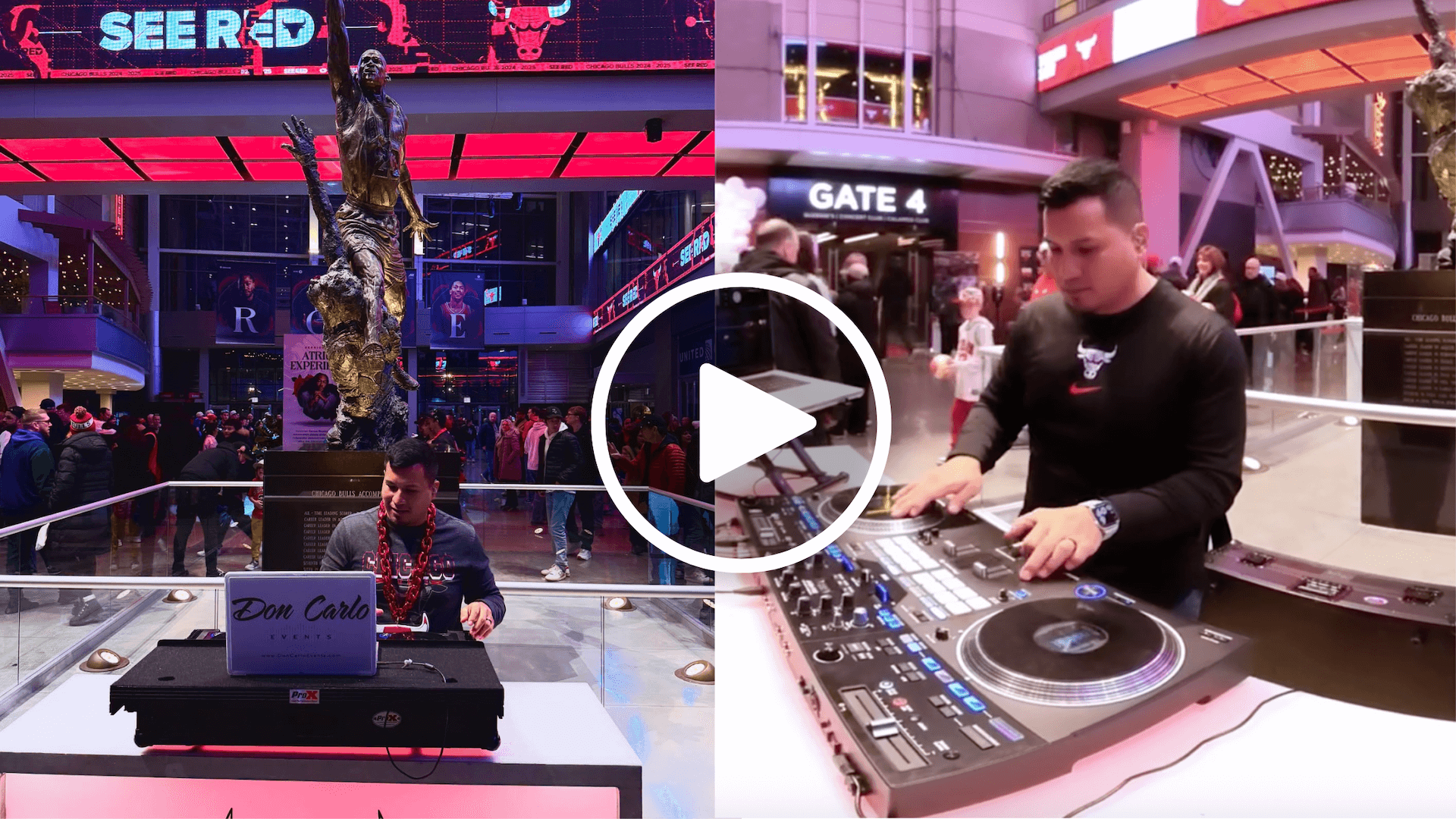 A DJ performing on turntables in a public indoor venue near a large statue, with crowds and bright lights in the background.