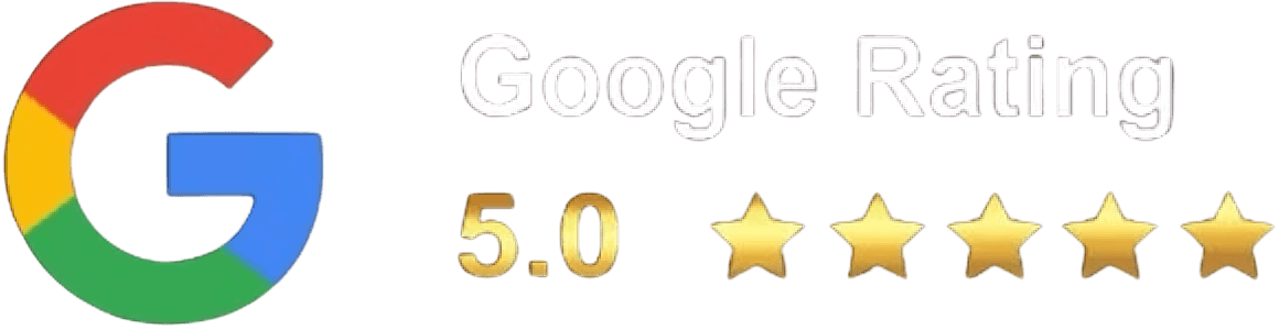 Google logo next to the text "Google Rating 5.0" followed by five gold stars, indicating a perfect rating.