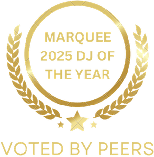 updated 2025 award Gold badge with laurel wreath, star, and text: "Marquee 2025 DJ of the Year, Voted by Peers.